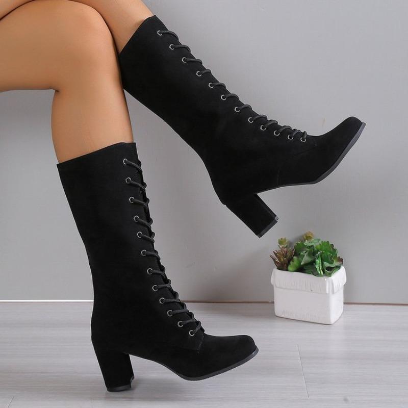 2026New Women's Boots Fashion Suede Leather Mid-calf Booties Lace-Up High-heeled Booties Casual Long Boots for Women Botas Mujer
