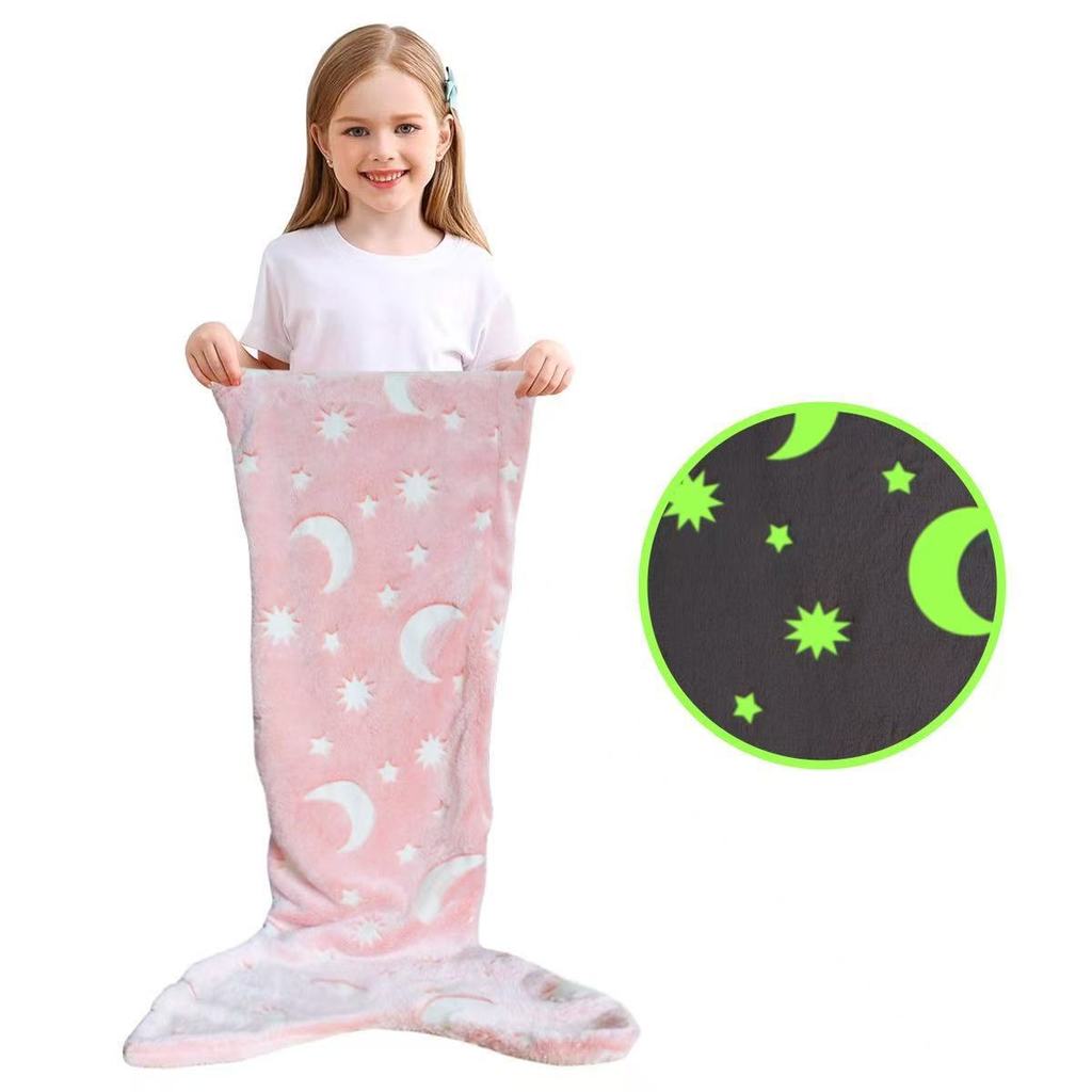 Glow In The Dark Modern Fleece Blanket For Kids With Cartoon Mermaid Stars And Sleepytime Warmth