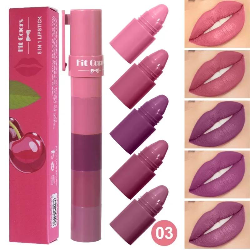 5 In 1 Matte Lipstick Crayon Kit Combo Red Purple Lip Tint Velvet Sexy Multicolour Lipstick Pen Non-stick Cup Lasting Lip Makeup