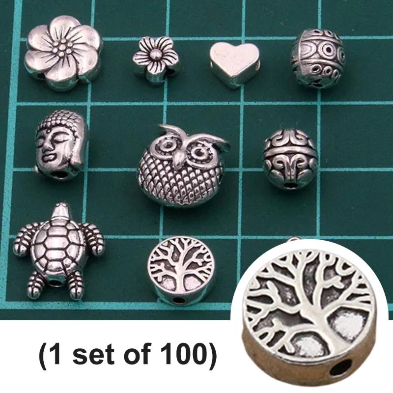 100 Pièces Perles Arbre de Vie Alliage Plaqué Argent Espaceur Charm pour Bracelets de Style Européen et Accessoire pour la Fabrication de Bijoux