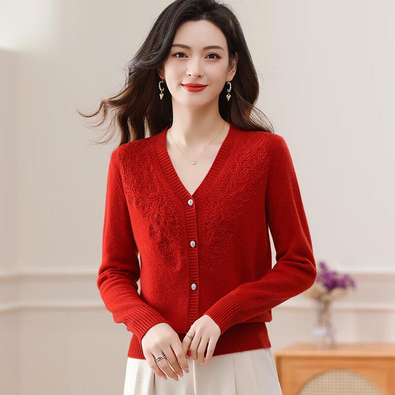 Fengxun Women's 100% Pure Wool V-Neck Cardigan