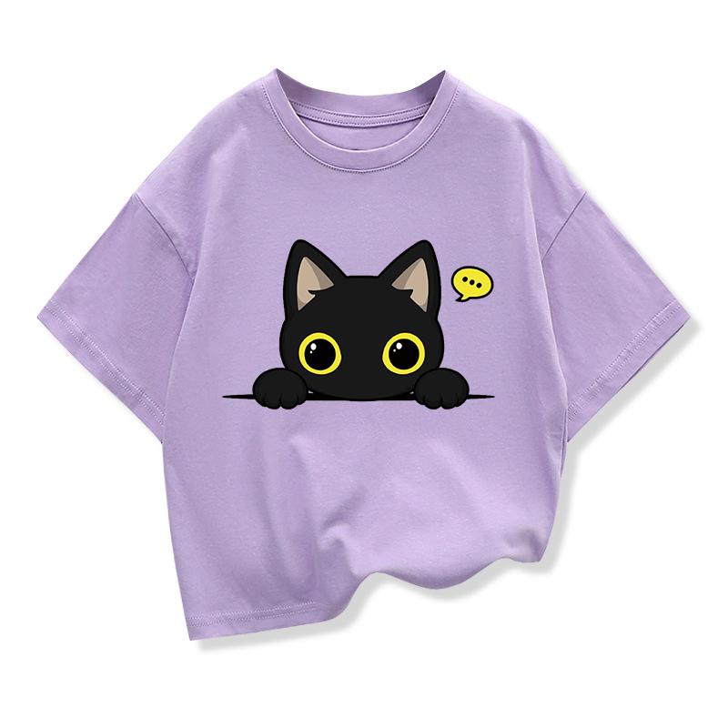 Original Design Summer Kids Clothing Short Sleeve Tee T Shirt Cute Black Cat Graphic Tee Tops Boys Girls T Shirts Pure Cotton