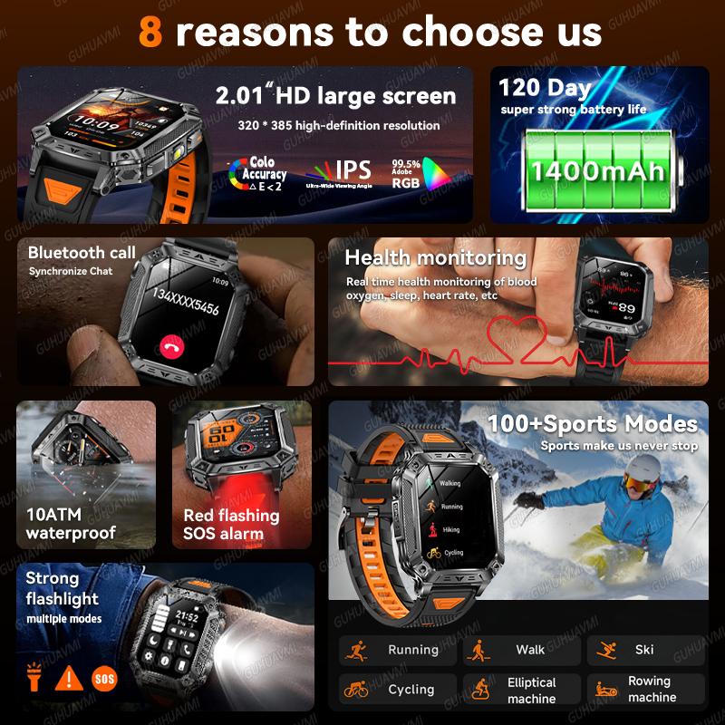 Orologio Smart Sportivo da Uomo per Esterni Batteria Grande 1400mAh Impermeabile Chiamata Vocale Musica Ossigeno nel Sangue Sport Smartwatch uomo donna Fitness