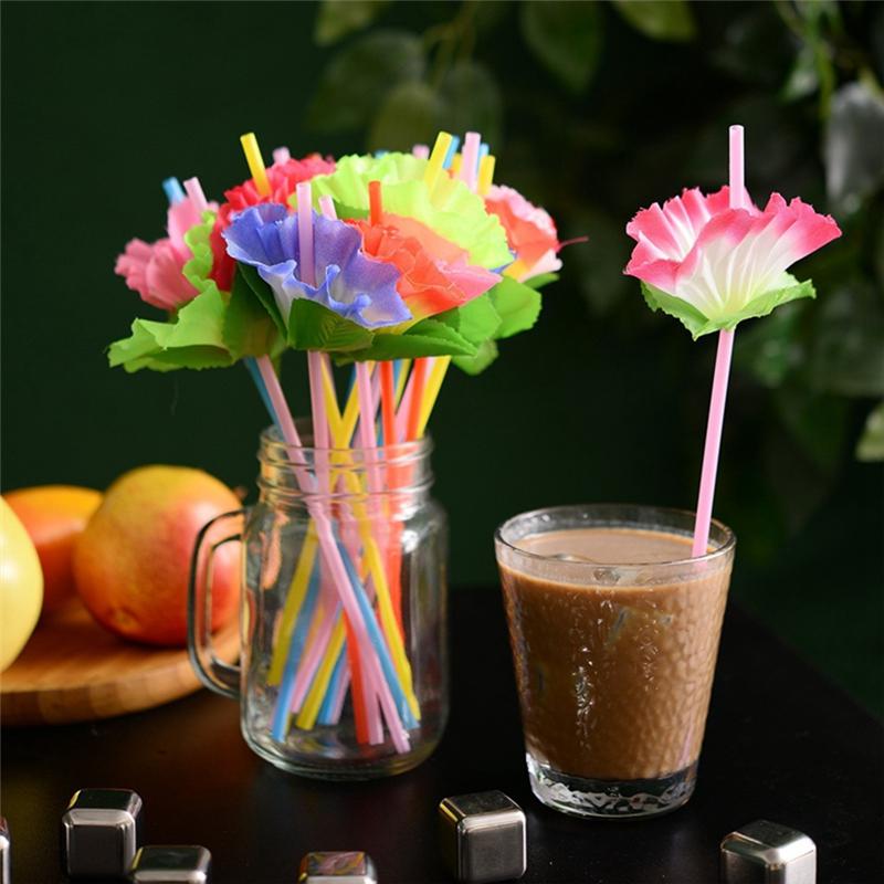 ABGE-Flower Drinking Straws Plastic For Hawaiian Theme Party Beach Tropical Birthday Wedding Party Decoration Supplies