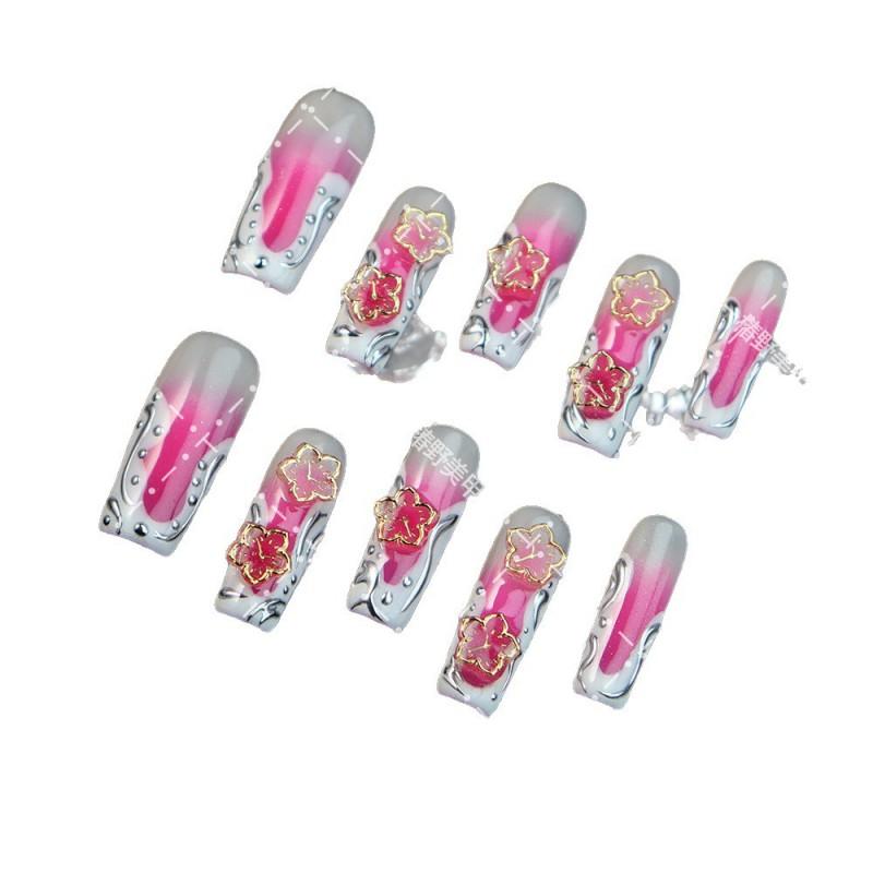 Press-On Nails With Floral Pink-to-White Gradient Chinese Style Acrylic False Women