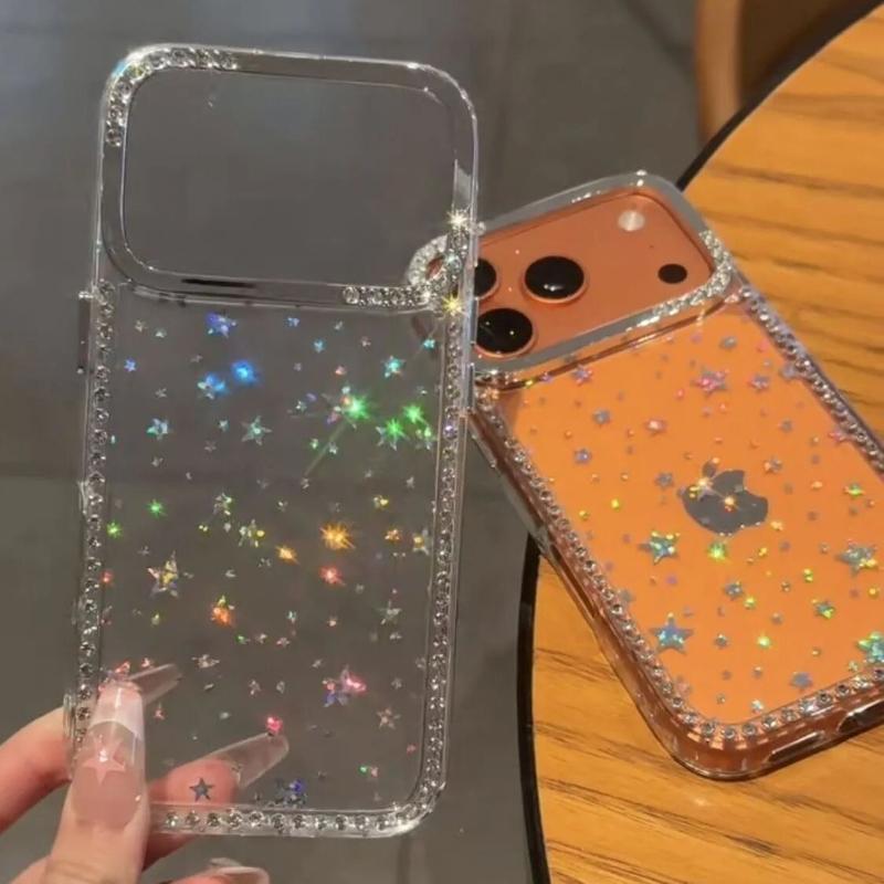 Luxury Diamond Camera Shiny Glitter Phone Case for IPhone 17 16 15 14 13 12 11 Pro Max Transparent Sparkling Stars Sequin Cover