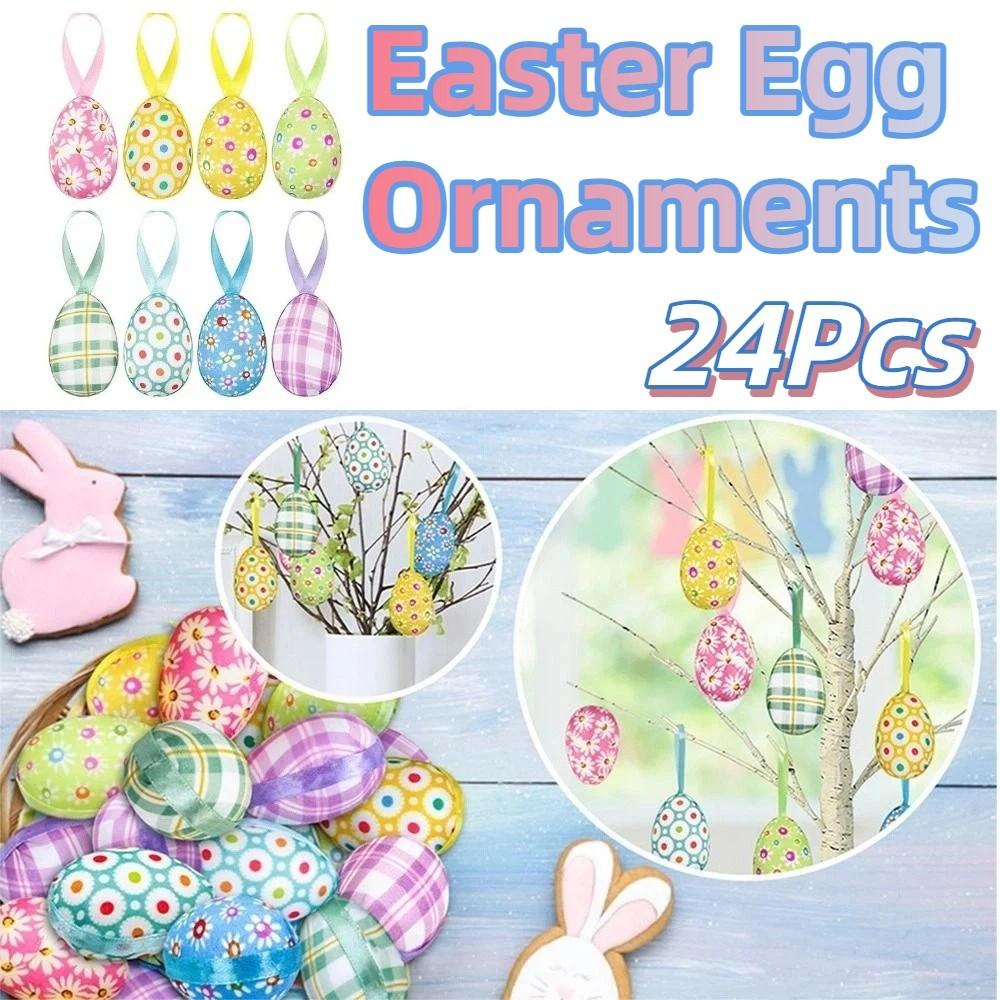 24Pcs Multicolor Easter Egg Ornaments Cute DIY Craft Hanging Ornaments Festive Rabbit Egg Easter Party Decorations Easter Party