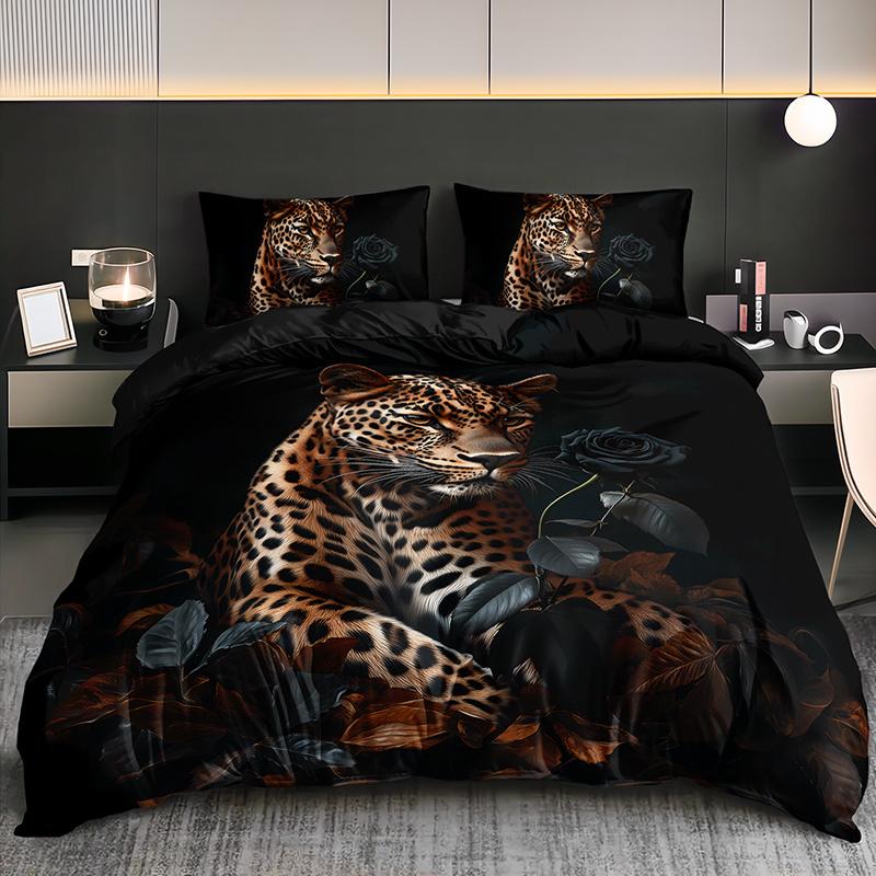 3Pcs Leopard And Black Rose Bedding Duvet Cover Set Luxury Leopard Bedding Quilt Set Animal Themed Bed Quilt Set Elegant