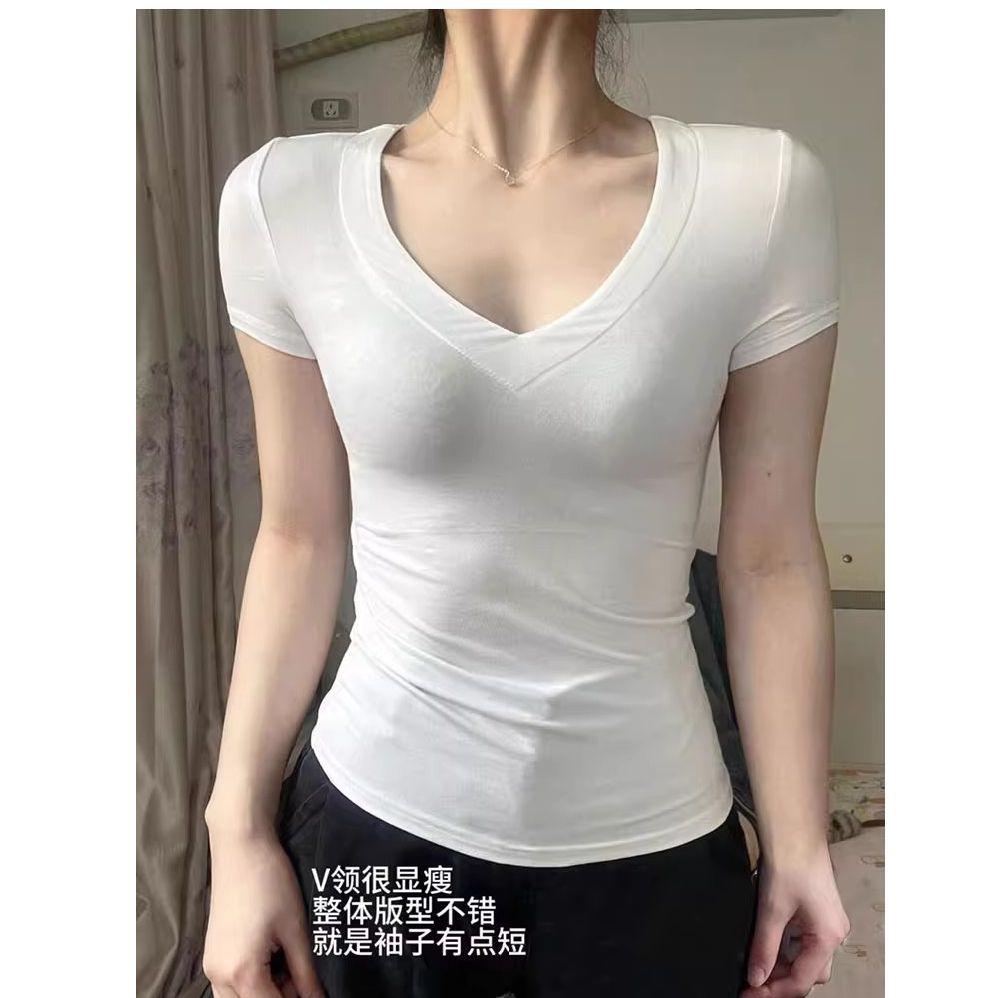 American retro white V-neck front shoulder T-shirt for women's summer slim-fitting and thin inner cover, bottom waist, Spice Girl short-sleeved top