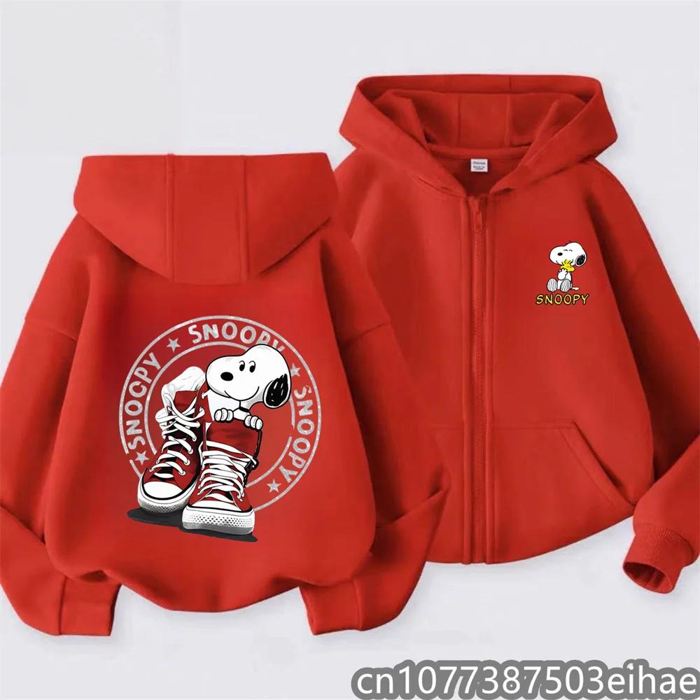Boys Girls Spring Autumn Snoopy Cartoon Zipper Hooded Coat Kids Long Sleeve Casual Hooded Sweatshirt Printed Daily Zip Top
