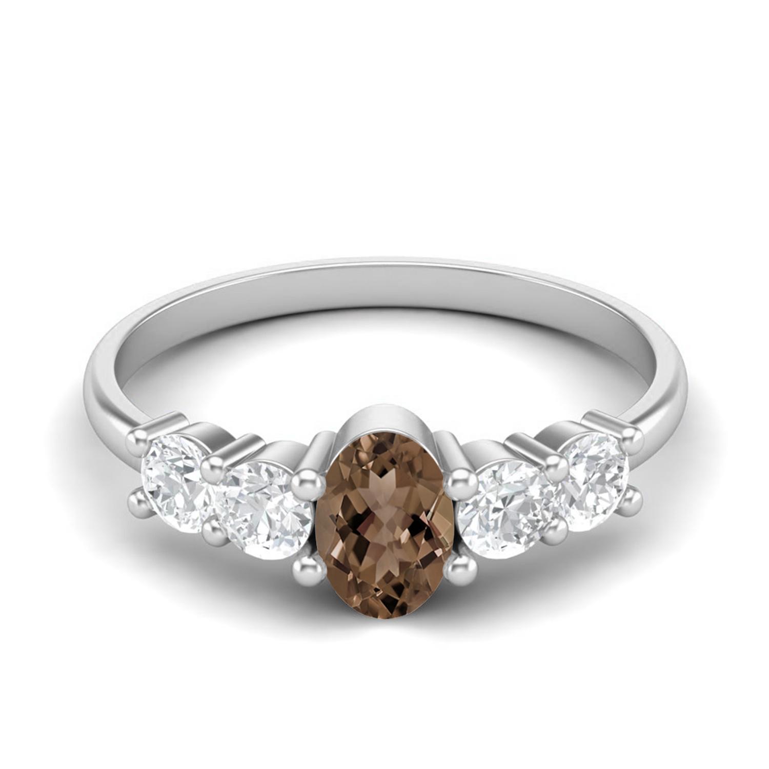 6X4mm Oval Smoky Quartz 925 Sterling Silver Five Stone Women Engagement Ring 5 белый
