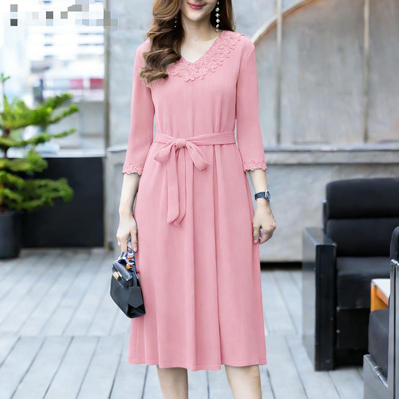 

ZANZEA Women Casual Embroidered Splice V-Neck 3/4 Sleeve Elegant Dress 5XL рожевий