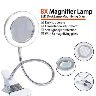 8X Vergrößerungslampe LED Schreibtischlampe Lupe mit Klemme USB Kaltlicht zum Lesen Reparieren Tätowieren Make-up Kosmetikstudio-Ausstattung