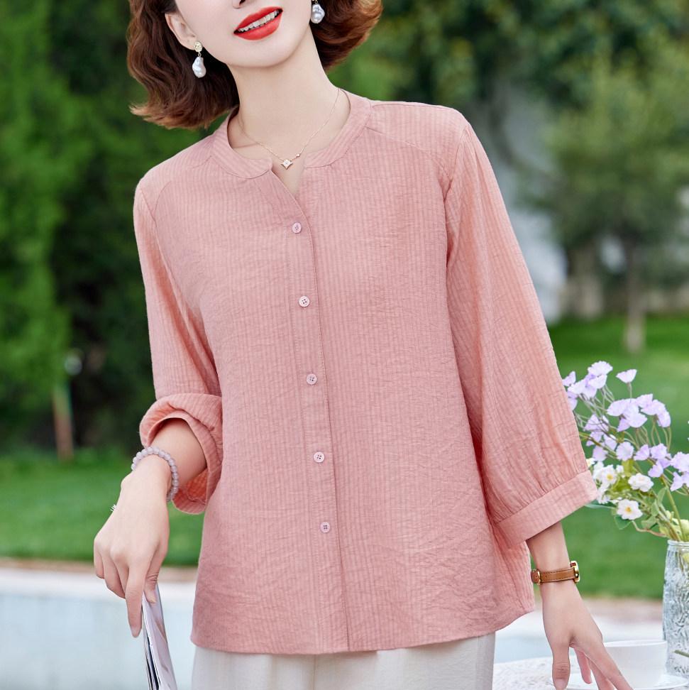 

Spring 2026 Stylish Round Neck Seven-Sleeve Loose Top for Middle-Aged and Elderly Women XL (90-105 lbs)