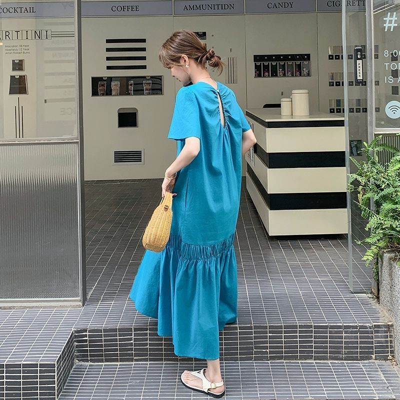 

Дизайнерское платье без спины большого размера летнее свободное скрывающее живот стройнящее длинное платье 3XL синий