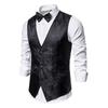 Men Suit Vest Formal Vintage Print Single-breasted V Neck Buttons Sleeveless Slim Fit Cardigan Groom Wedding Emcee Performance Waistcoat with Bow Tie