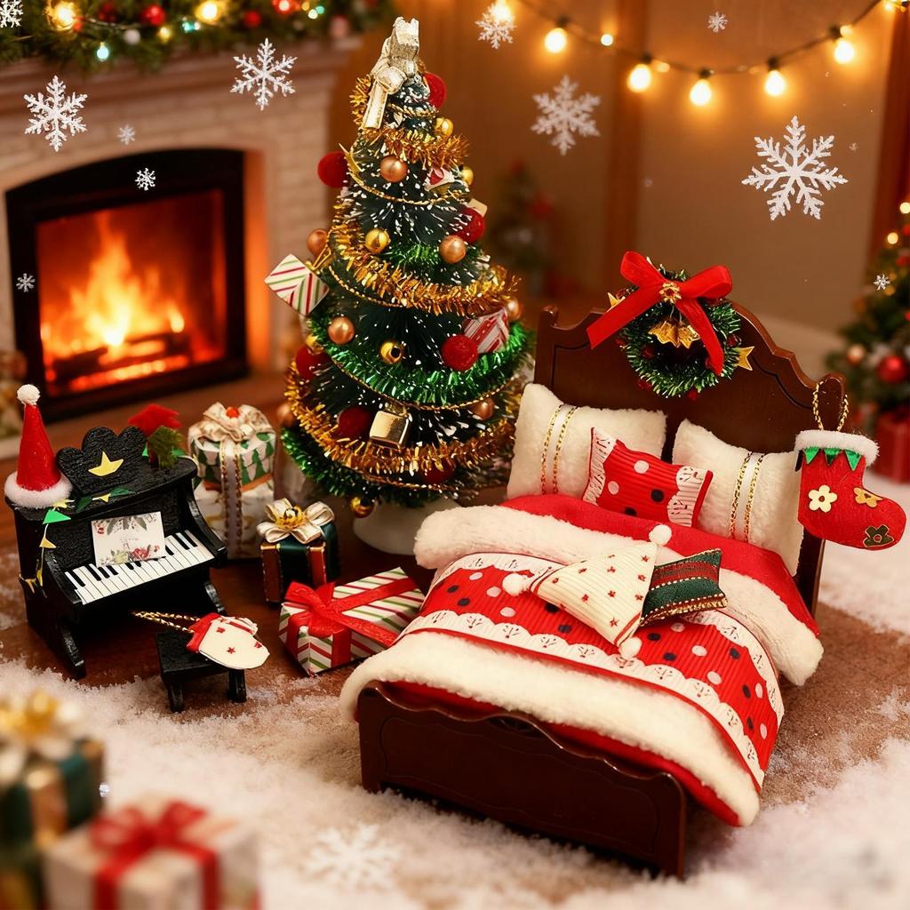 Miniaturowy Domek dla Lalek Dekoracja Świąteczna DIY Mini Choinka Łóżko Pianino Modele Mebli Świąteczna Zimowa Dekoracja Domowa Pokojowa na Przyjęcie