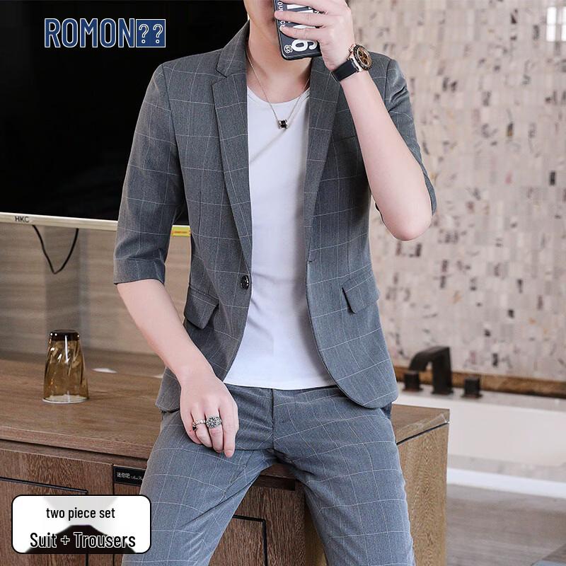 Romon Men s 3/4 Sleeve Plaid Suit Set L
