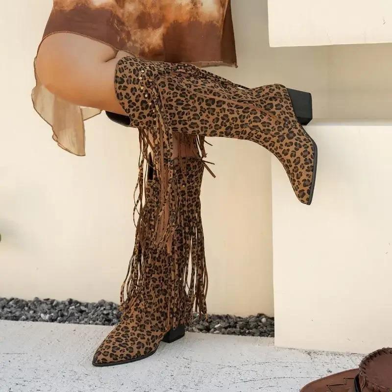 Stivali Alti al Ginocchio da Donna Cowboy Western Leopardo Punta Appuntita Tacco Alto Grosso Nappa Stivali Lunghi Donna Autunno Frange Botas Scarpe