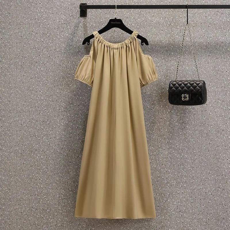 Korean version loose off-the-shoulder temperament dress summer large size women's clothing fat MM belly covering French sweet medium and long skirt