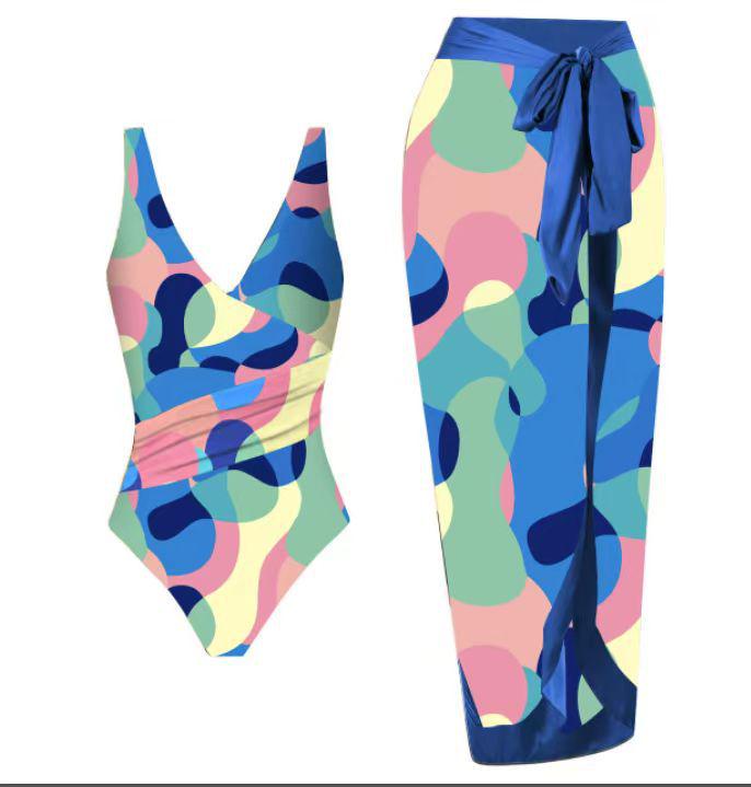 Europäischer Print-Bikini 2025 mit Sonnenschutz-Gaze-Rock - Resort-Bademode