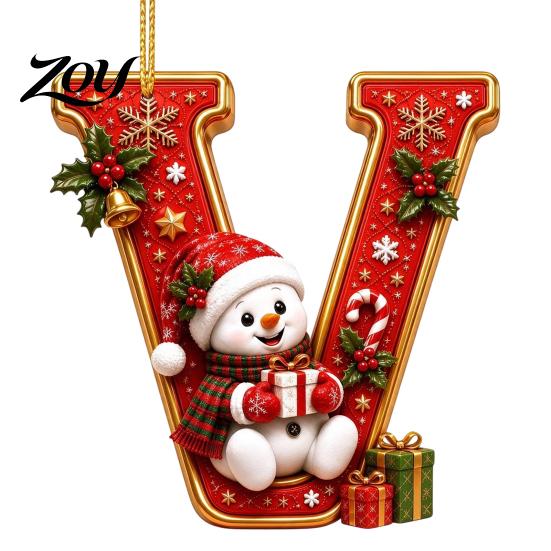 Indoor Holiday Decorations Cute Snowman Letter Christmas Ornament, 2D Flat Personalized A-Z Alphabet Clear Pattern Hanging Decor Acrylic Pendant