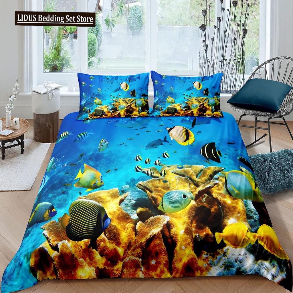 Fisch Bettbezug Set Ozean Bettwäsche Sets 3D Gedruckte Unterwasserwelt Mit Hai Delfin Korallenriff Muster Bettdeckenbezug Set 2/3tlg