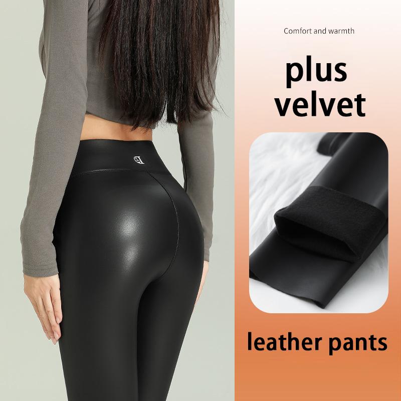 Jambiere din piele subțire din catifea Pantaloni stretch cu talie înaltă Pantaloni elastici Femei Negri Sexy Keep Thermal Pantaloni