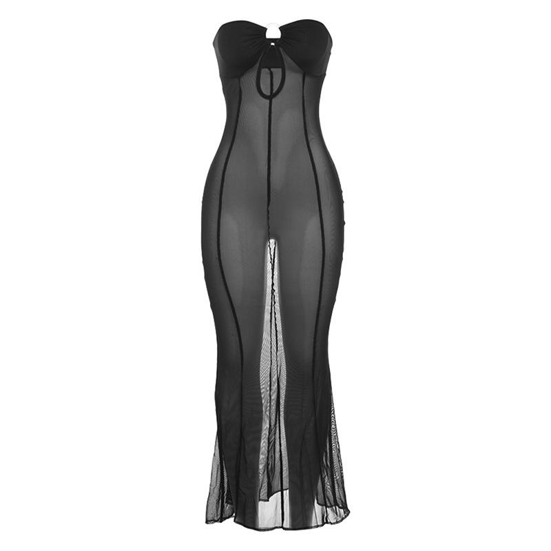 European & American Style One-Shoulder Mesh Dress - Sexy, See-Through, Slim-Fit for Autumn/Winter