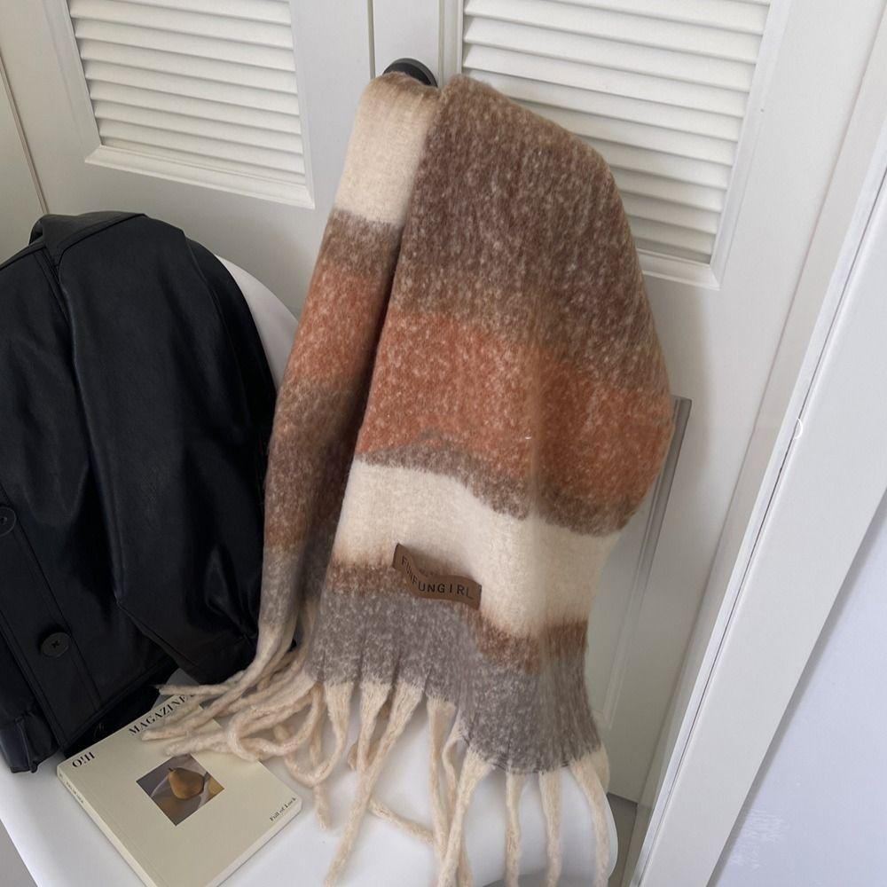 Korean Style Women's Cashmere Shawl Thickened Winter Scarves Fashion Knitted Stripe Scarf  Girls