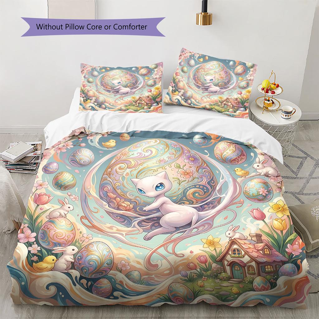 Anime Easter Pokemon Pattern Bedding Quilt Set Quilt Cover Pillowcase Home Decoration Birthday Gift (1 * duvet cover + 2 * pillowcase, without core)
