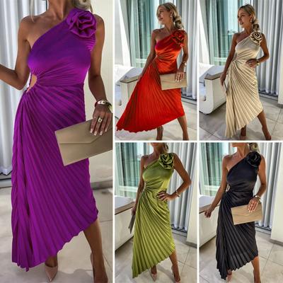 Women Evening Dress One Shoulder Pleated Flower Decor Hollow Out Backless Sleeveless Irregular Hem Cocktail Party Wedding Midi Dress
