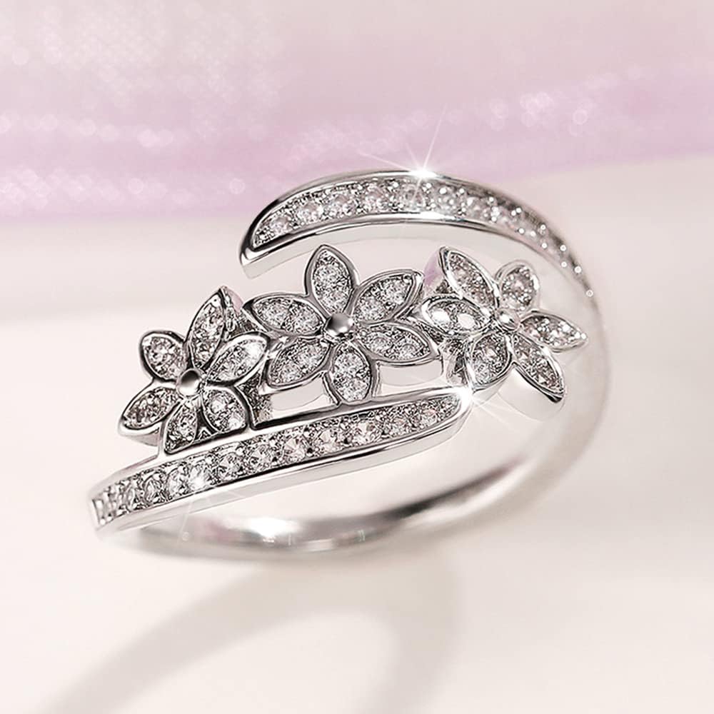 Opening 925 Sterling Silver Niche Design Flower Ring Female Ring for Women Silver Full CZ Statement Ring Cubic Zirconia Open Flower Cocktail Rings