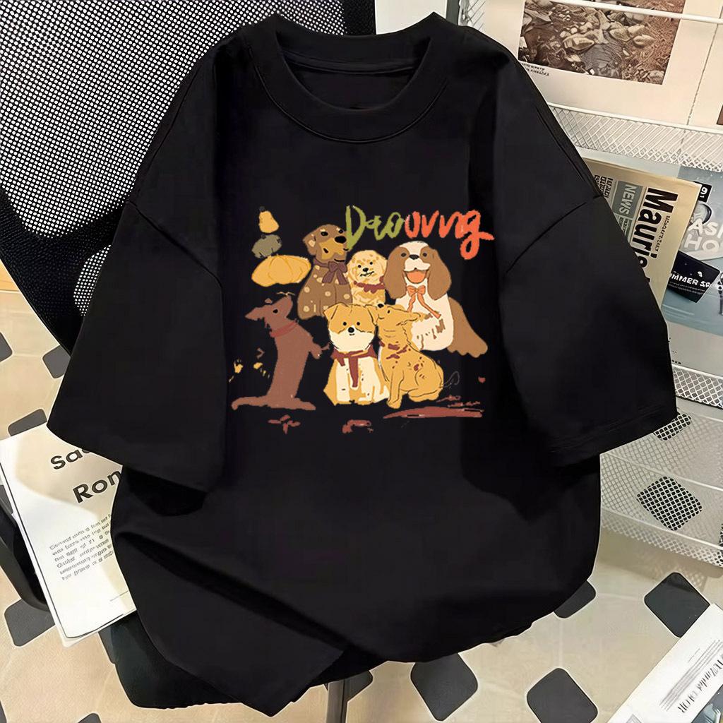 Women Cute Dog Graphic Print Cotton Short Sleeve T-Shirt Loose Oversized Round Neck Basic Tee Plus Size Casual Summer Tops