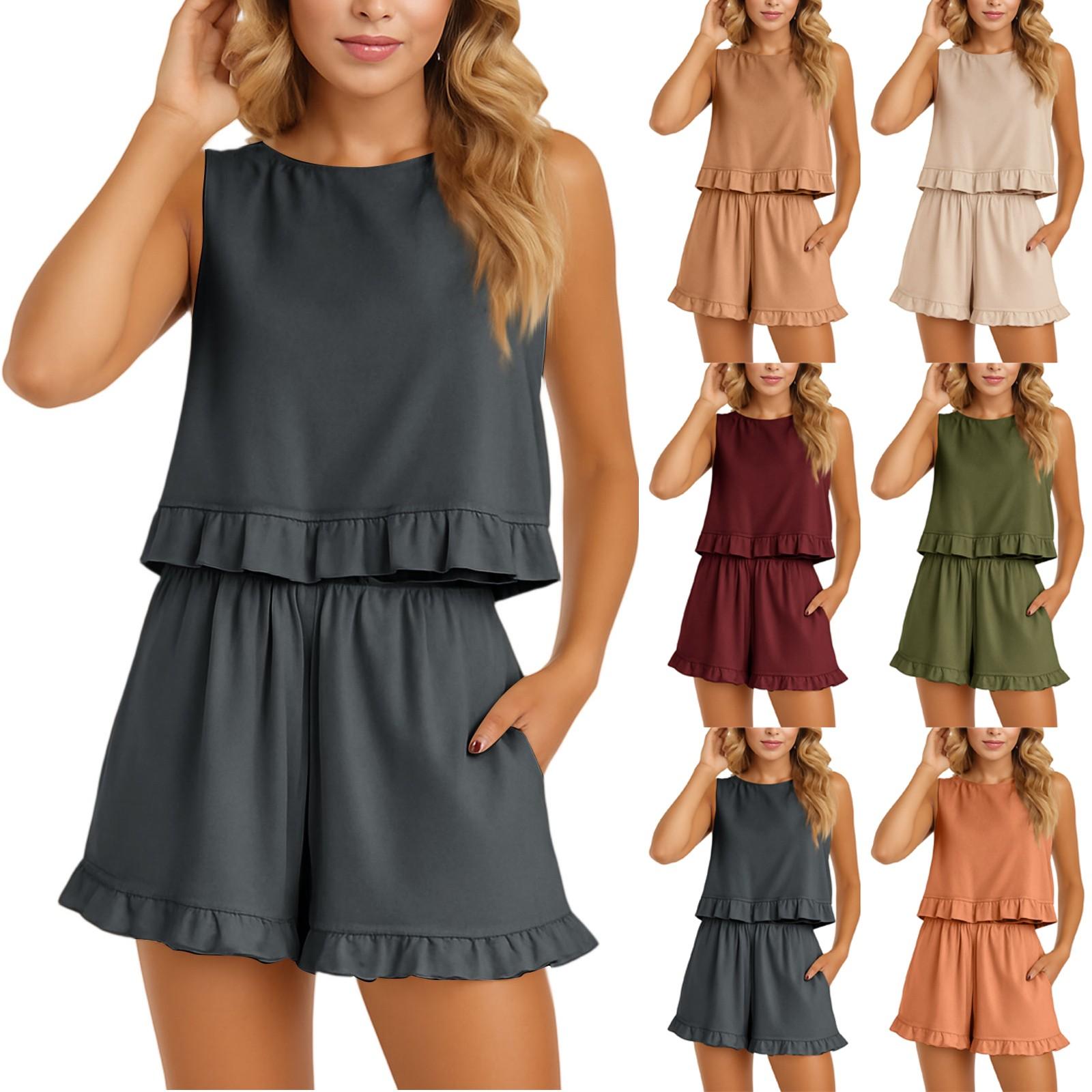 

2 Piece Sets For Women T-shirt Shorts Outfits Fashion Sexy Summer Sleeveless Pleated Midriff Suit M оранжевый