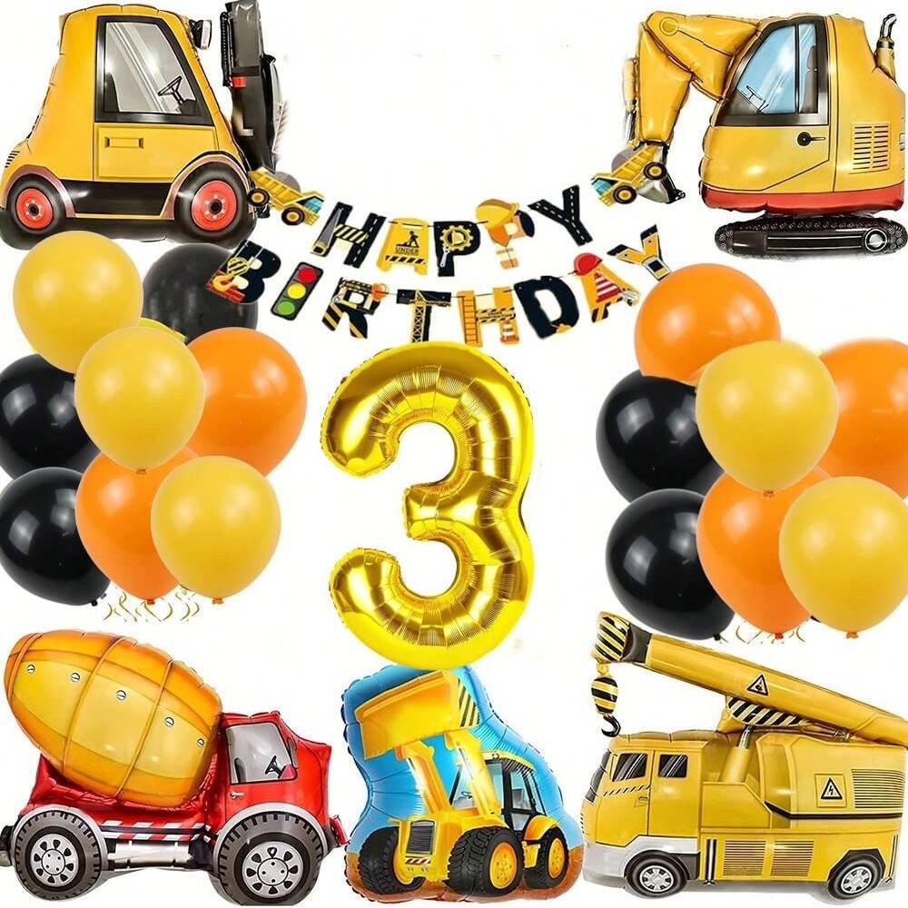 22Pcs Excavator, Tractor Engineering Vehicle Balloon Number 1~9 Balloons  Engineering Vehicle Flag Birthday Banner Decoration