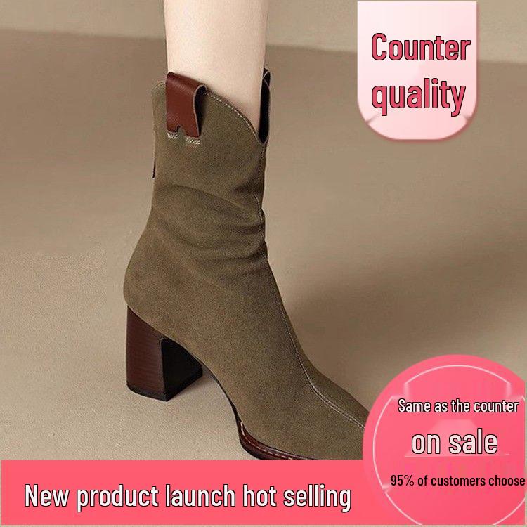 

Винтажные замшевые женские ковбойские сапоги: Коричневые присборенные туфли-лодочки с острым носком и наборным каблуком 2025 39