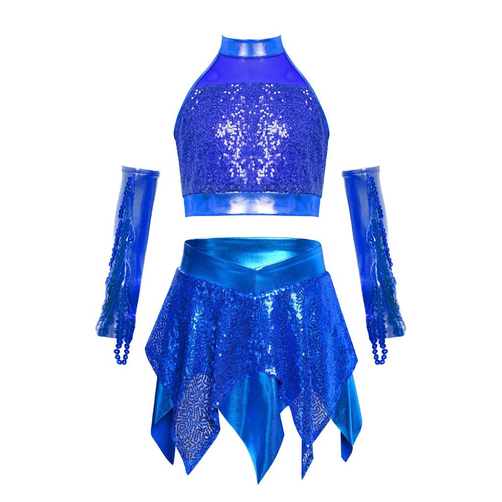 Girls Jazz Sleeveless Keyhole Back Sequins Crop Top Asymmetric Metallic Skirt Sequined Tassels Gloves Set