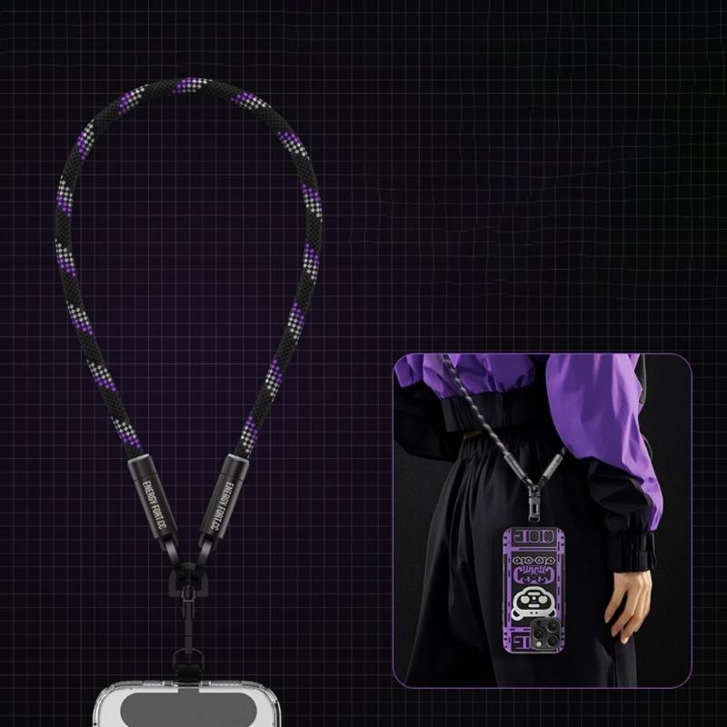 Crossbody Phone Lanyard Straps with Patches Adjustable Braided Neck Straps Necklace with 240W Charging Cable for Smartphone