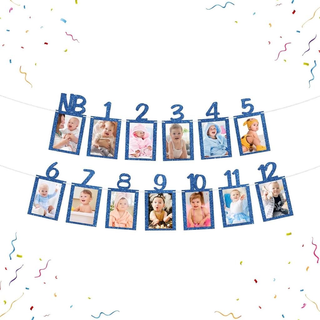 1st Birthday Photo Banner Boys Newborn to 12 Months Birthday Paper Photo Frame Monthly Milestone Bunting Decorations Baby 1st Bday Picture Banner
