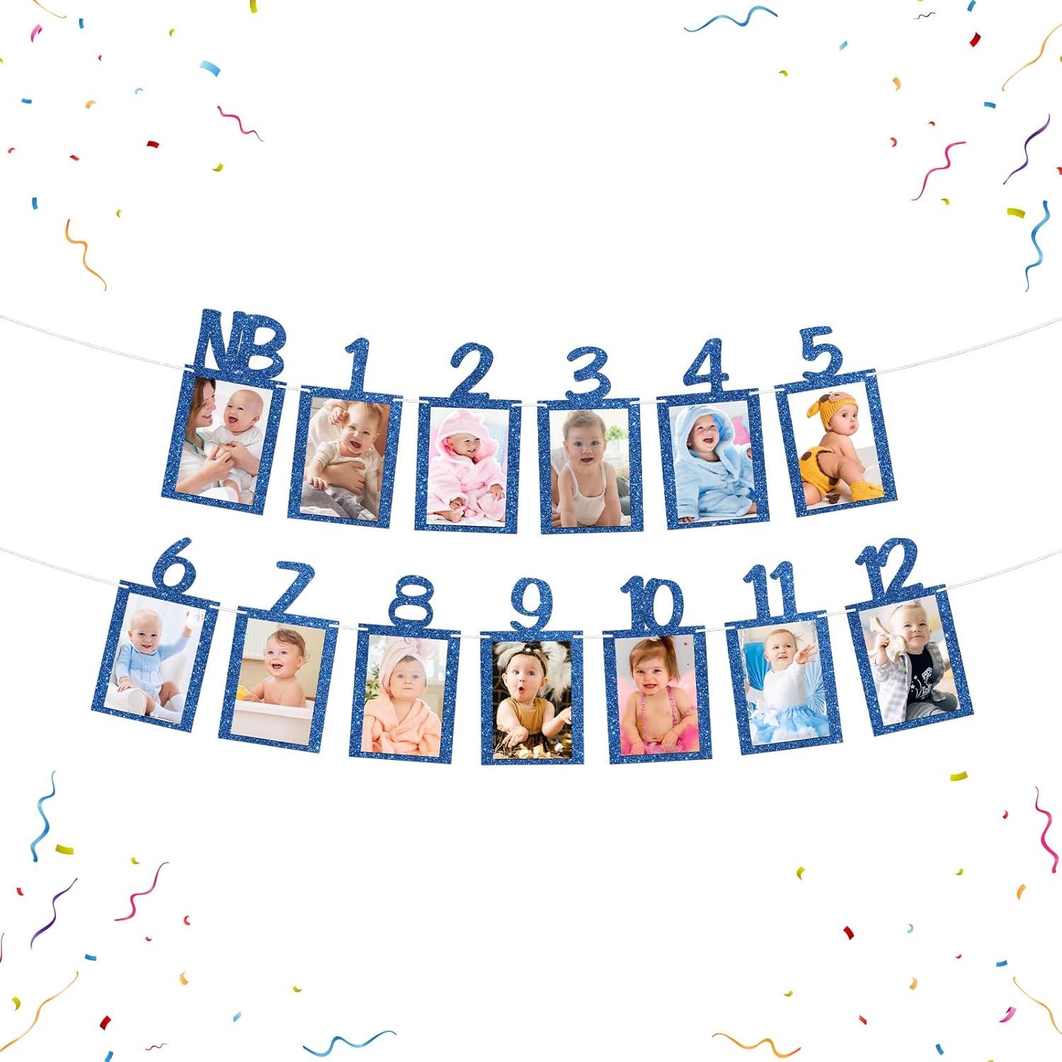 1st Birthday Photo Banner Boys Newborn to 12 Months Birthday Paper Photo Frame Monthly Milestone Bunting Decorations Baby 1st Bday Picture Banner