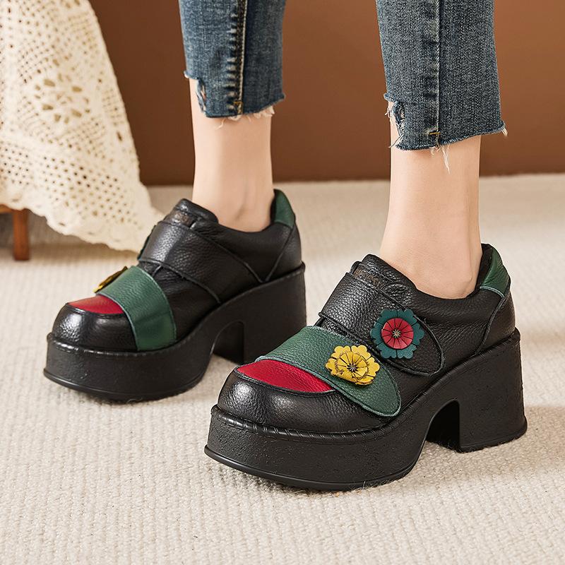 2025 New 7cm Top Layer Cowhide Spell Color Flowers Women's Fashionable Shoes Thick Sole Non-slip Elevator Shoes High Heels Tide