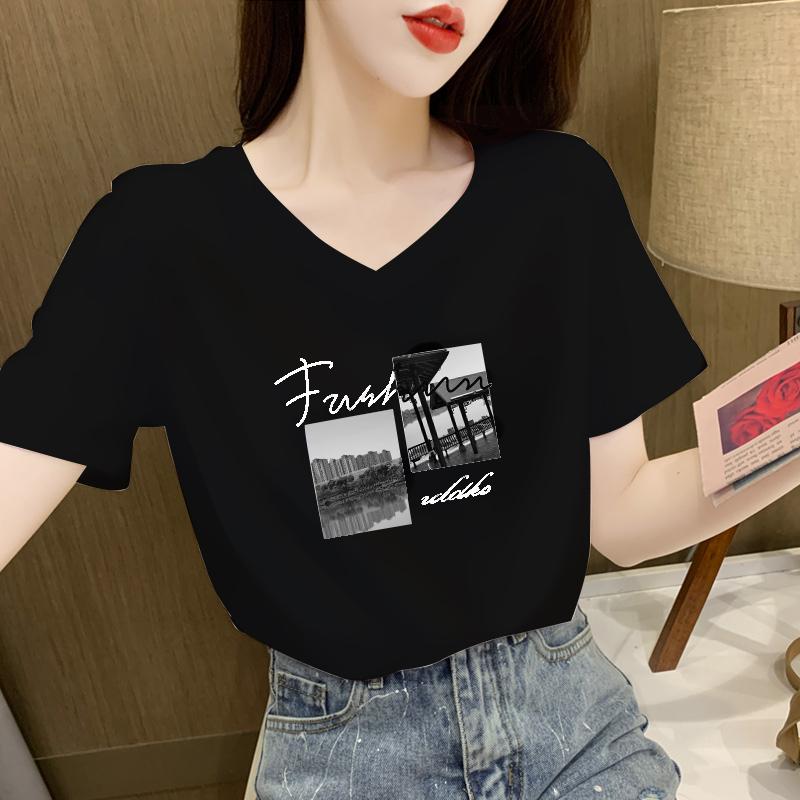 

pure cotton v-neck white t-shirt women s short-sleeved summer 2025 new foreign-style chic pure cotton large-size women s t-shirt XXXL