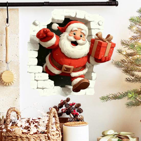 3D Holiday Wall Stickers Christmas Santa Stickers, Claus Reindeer Break-Through Self-Adhesive Decorative Window Film Decal, Removable for Living Room