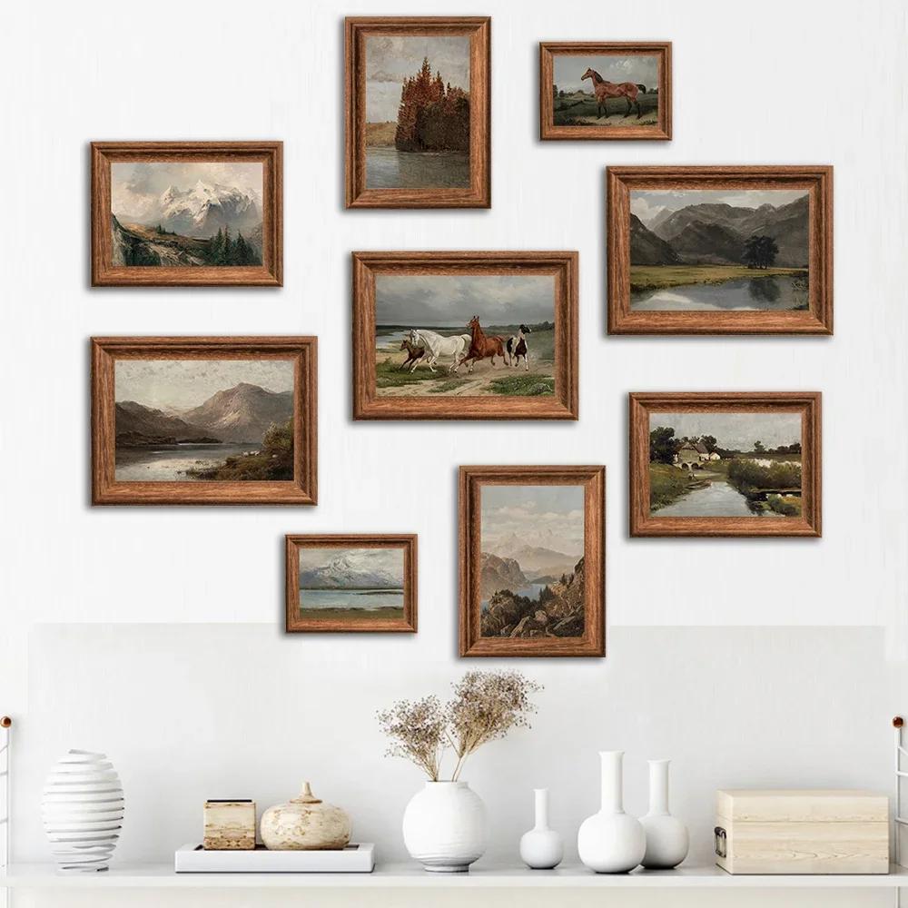 Vintage Rustic Country Horse Mountain Forest Lakescape Art Posters Canvas Painting Wall Prints Pictures for Farmhouse Home Decor