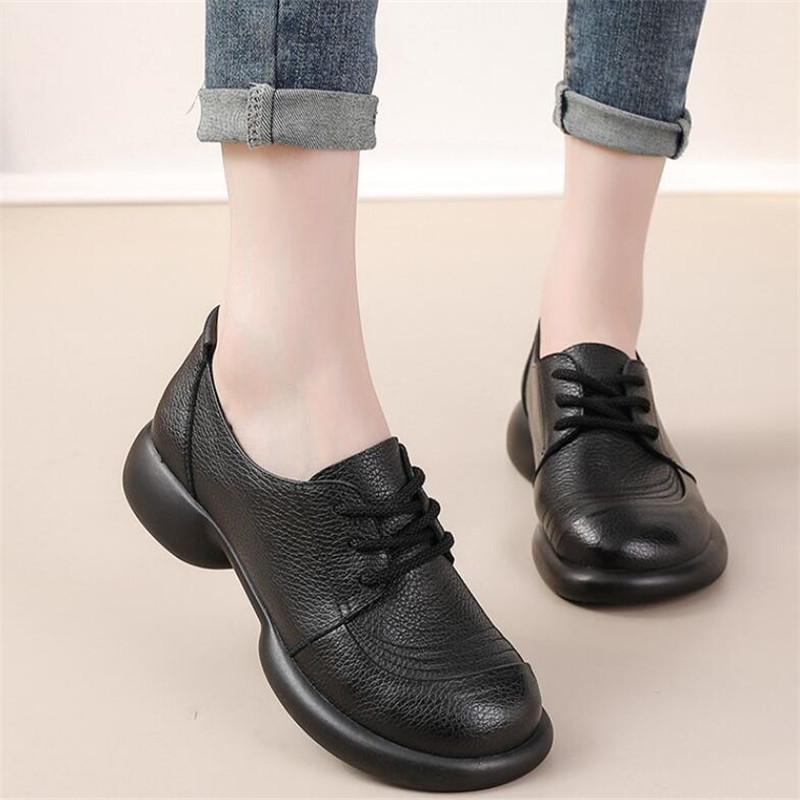 Fashion Cowhide Women Shoes Fashion Mid Heel Thick Soled Genuine Leather Retro Loafers Spring Autumn Flat Women Singles Shoes Mom Shoes