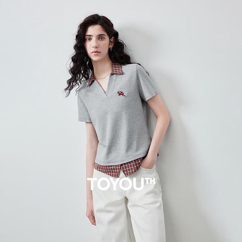 Chuyu Women's Pegasus Embroidered Plaid Faux Two-Piece T-Shirt
