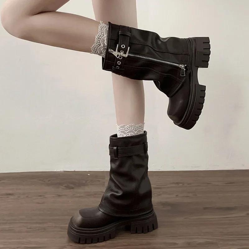 Women's Mid-Calf Boots Fashion Belt Buckle Ladies Shoes Women's Knight Booties Elegant Platform Flats Short Booties Casual Shoes