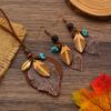 Bohemian Leaf & Turquoise Jewelry Set, Vintage Wood & Metal Necklace, Earrings & Ring for Women