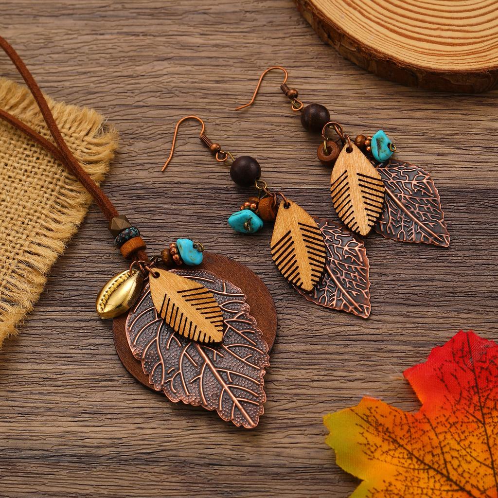 Bohemian Leaf & Turquoise Jewelry Set, Vintage Wood & Metal Necklace, Earrings & Ring for Women